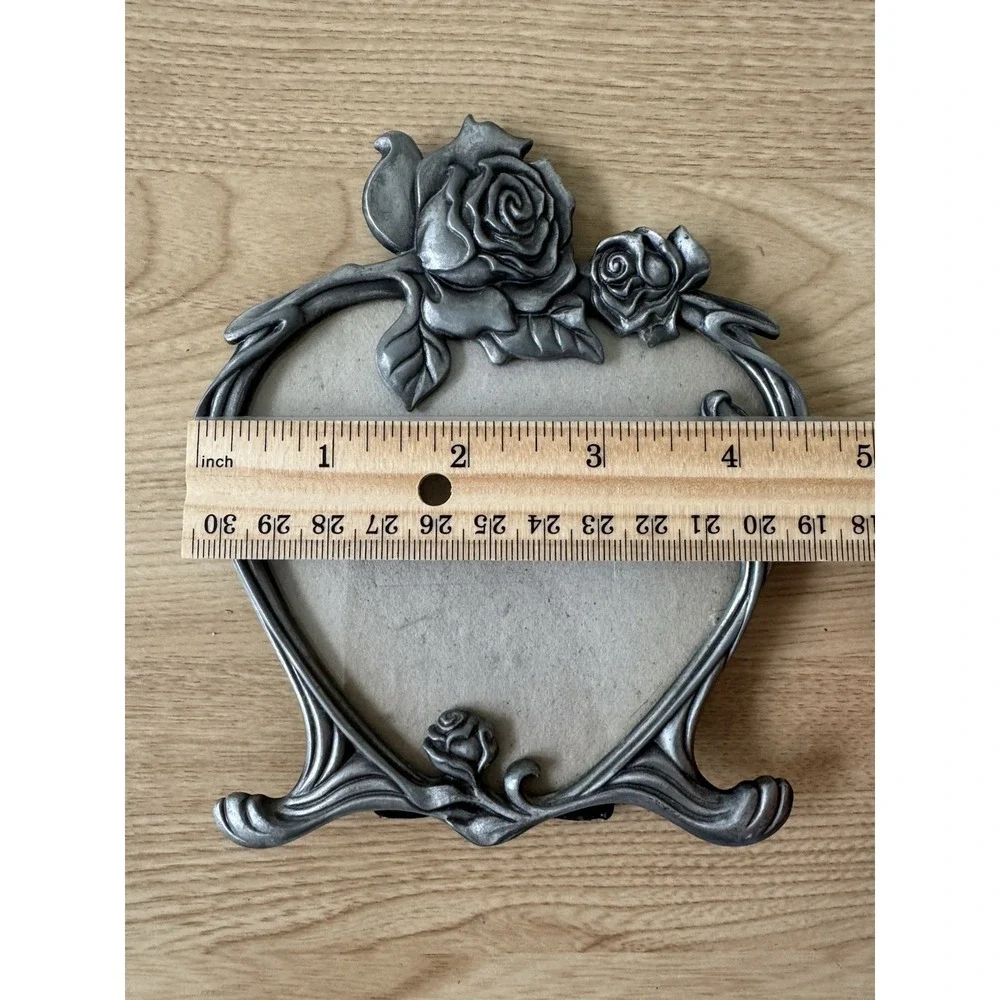 Ornate Silver Tone Heart Picture Frame Raised Roses Victorian Floral Tabletop